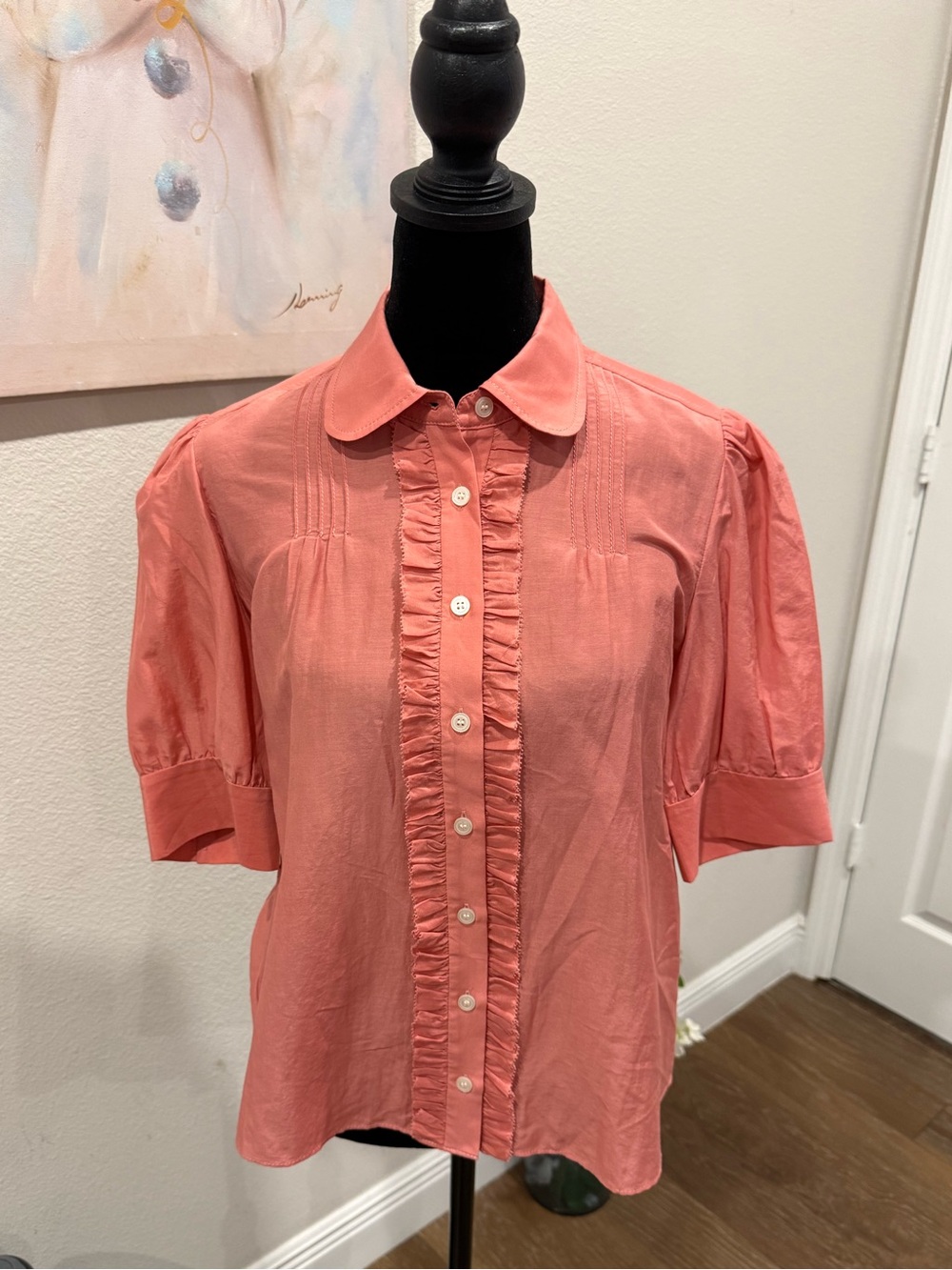 LK Bennett Coral Pink Short-Sleeve Ruffle Button Blouse
